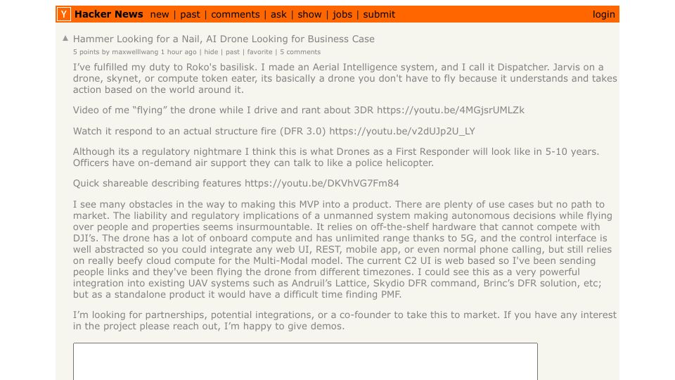 Screenshot of Hacker News post: Hammer Looking for a Nail, AI Drone Looking for Business Case