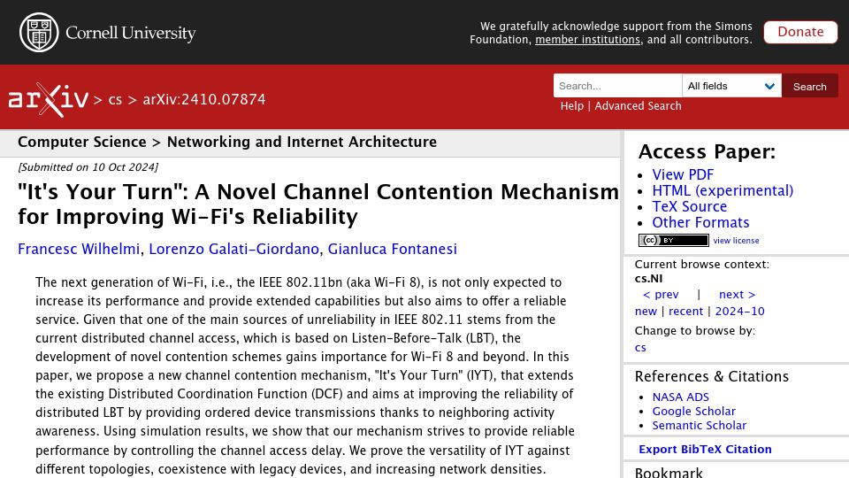 Screenshot of arxiv.org: A novel channel contention mechanism for improving wi-fi's reliability