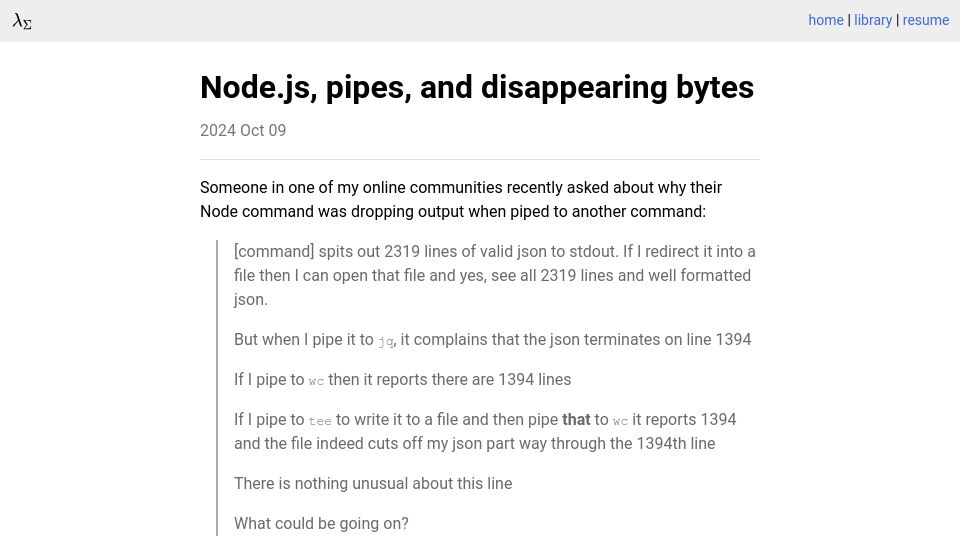 Screenshot of sxlijin.github.io: Node.js, Pipes, and Disappearing Bytes