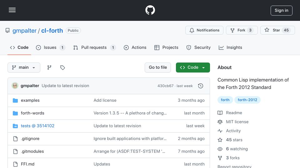 Screenshot of github.com: Common Lisp implementation of the Forth 2012 Standard