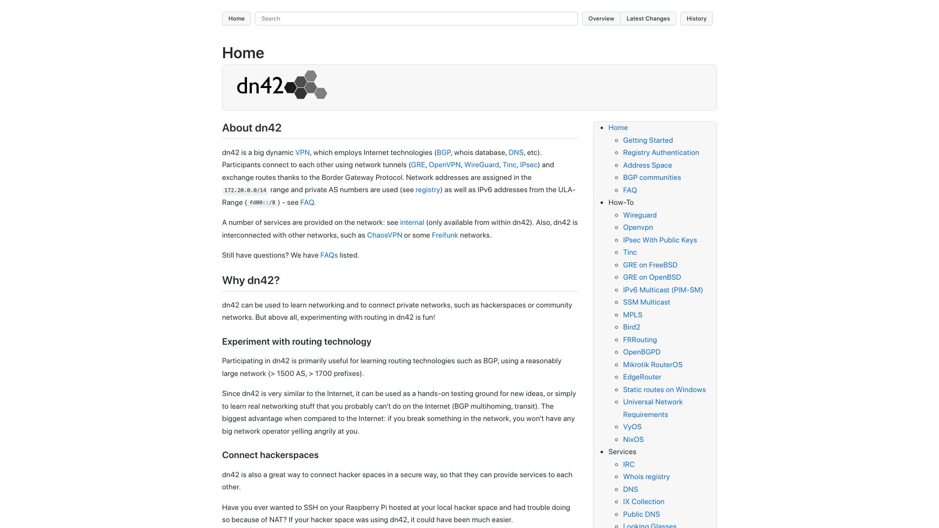 Screenshot of dn42.dev: About dn42