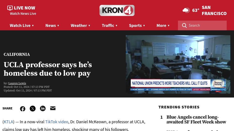Screenshot of kron4.com: UCLA professor says he's homeless due to low pay