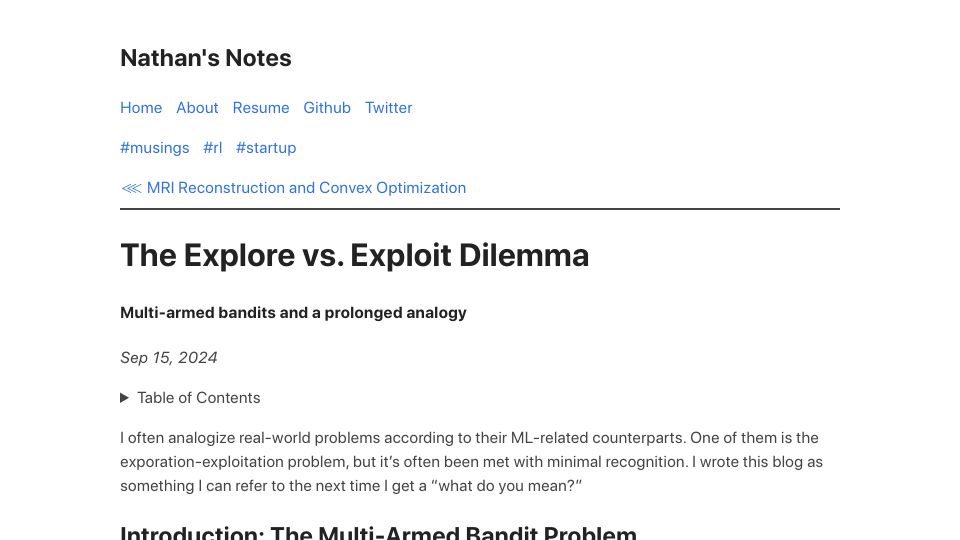 Screenshot of nathanzhao.cc: The Explore vs. Exploit Dilemma
