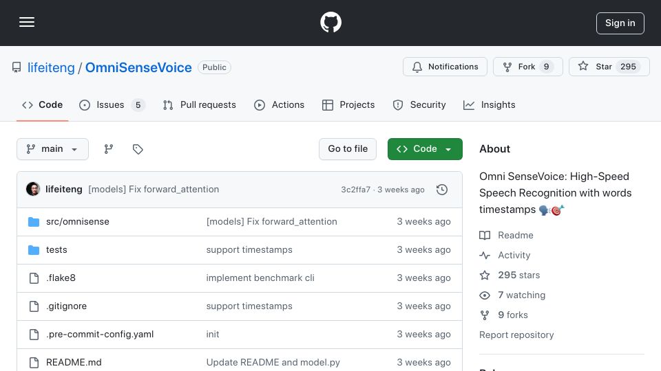 Screenshot of github.com: Omni SenseVoice: High-Speed Speech Recognition with Words Timestamps