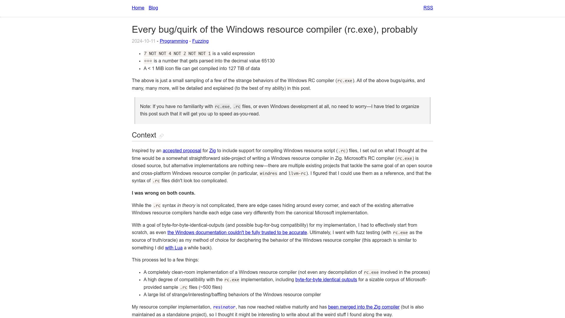 Screenshot of ryanliptak.com: Every bug/quirk of the Windows resource compiler (rc.exe), probably