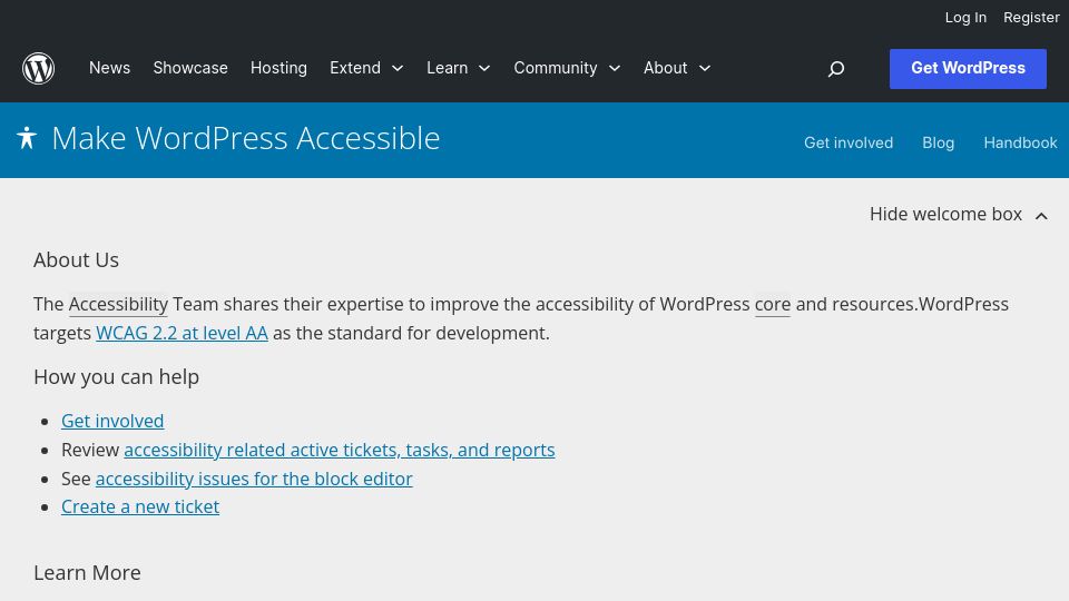 Screenshot of make.wordpress.org: WordPress Accessibility Team Meetings Suspended