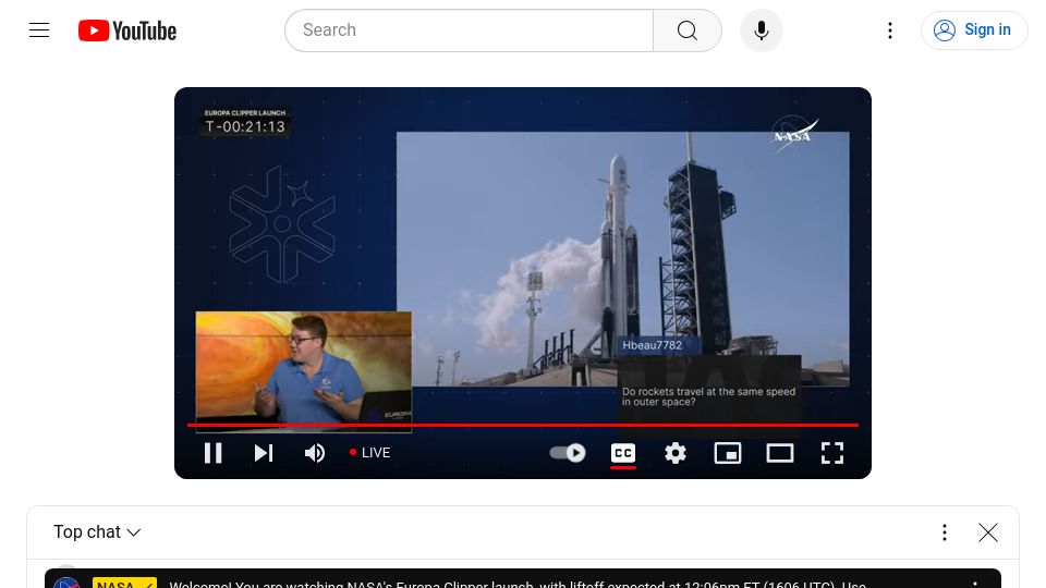 Screenshot of youtube.com: NASA's Europa Clipper Launch