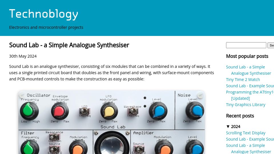 Screenshot of technoblogy.com: Sound Lab – A Simple Analogue Synthesiser