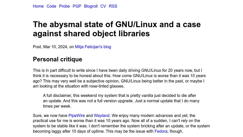 Screenshot of mitjafelicijan.com: The state of GNU/Linux and a case against shared object libraries