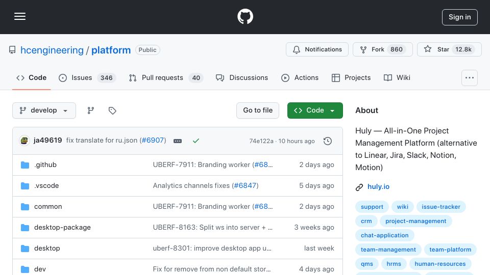Screenshot of github.com: Huly – Open-source project management platform