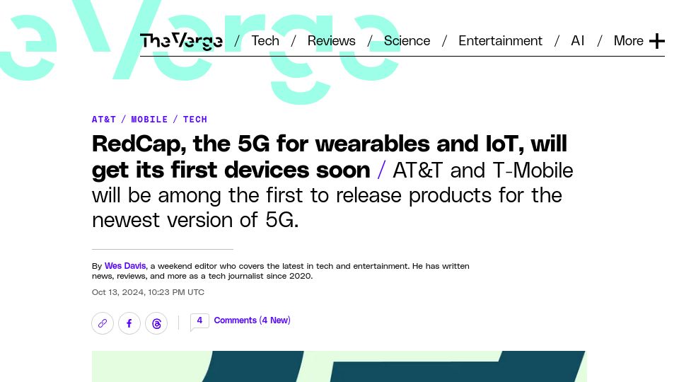 Screenshot of theverge.com: RedCap, the 5G for IoT, will get its first devices soon