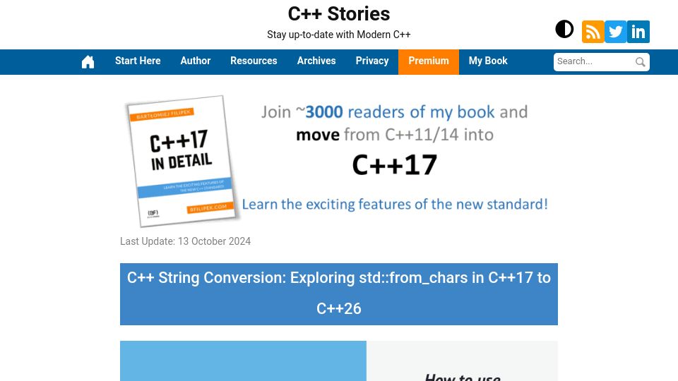 Screenshot of cppstories.com: C++ String Conversion: Exploring std:from_chars in C++17 to C++26