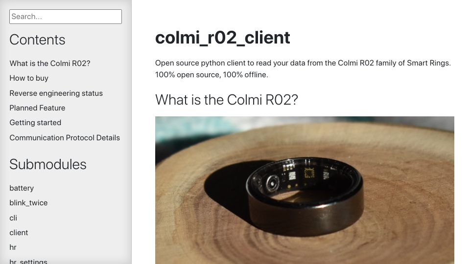 Screenshot of tahnok.github.io: Python client for the $20 Colmi R02 smart ring