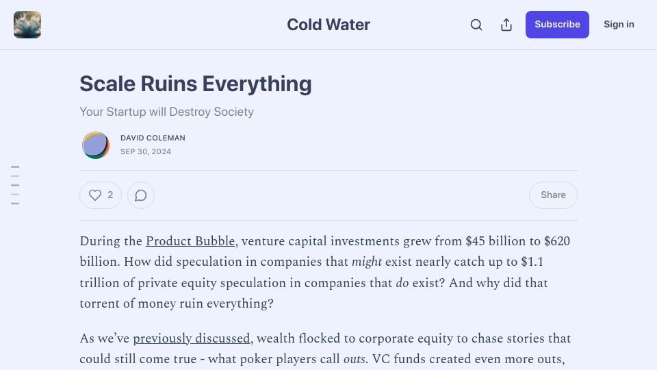 Screenshot of coldwaters.substack.com: Scale Ruins Everything