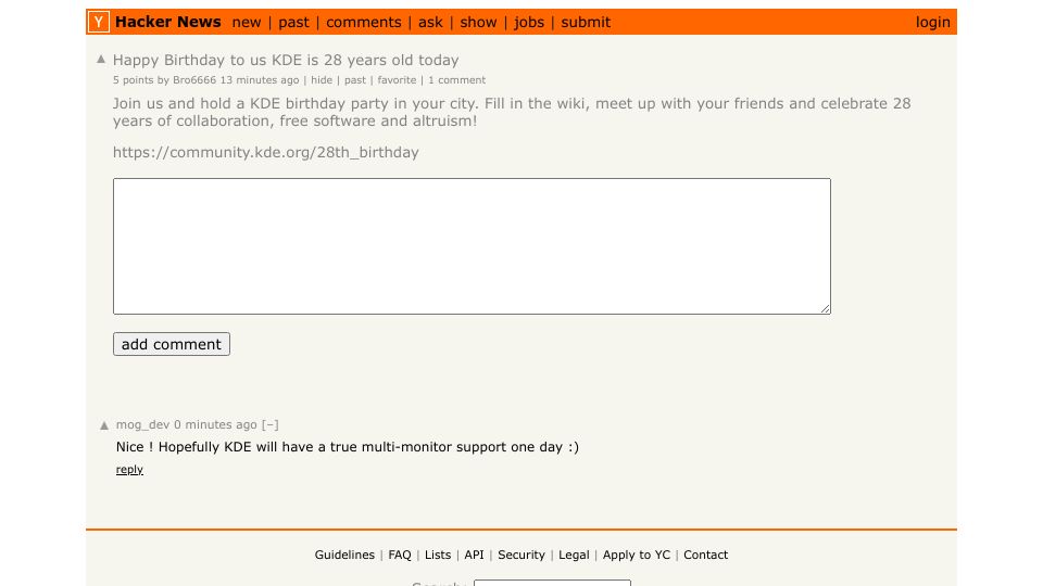 Screenshot of Hacker News post: Happy Birthday to us KDE is 28 years old today
