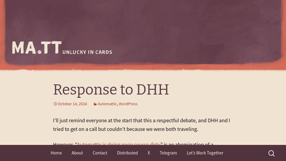 Screenshot of ma.tt: Response to DHH – Matt Mullenweg