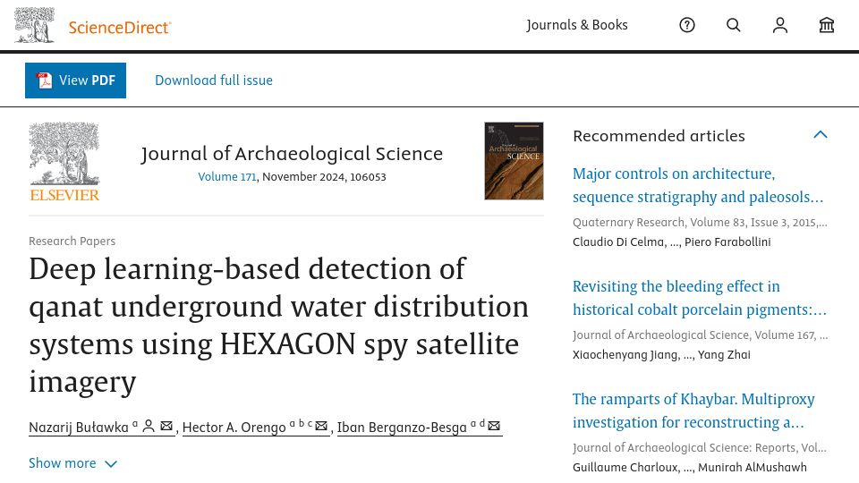 Screenshot of sciencedirect.com: Deep learning-based detection of qanat water systems using spy satellite imagery