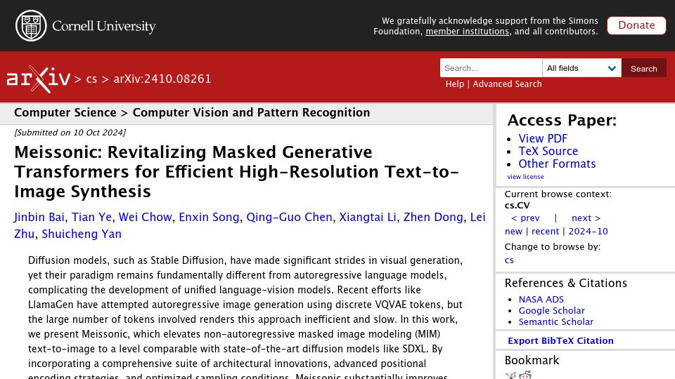 Screenshot of arxiv.org: Meissonic, High-Resolution Text-to-Image Synthesis on consumer graphics cards