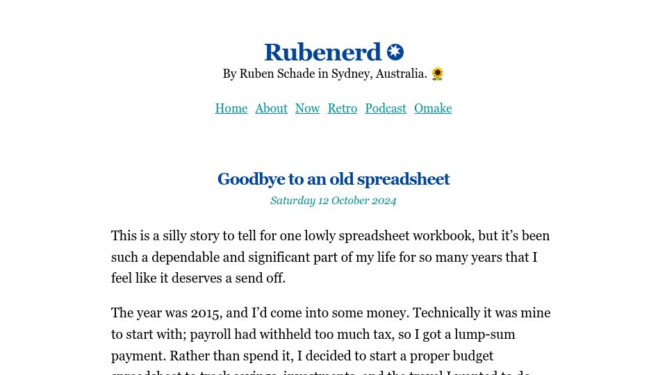 Screenshot of rubenerd.com: Goodbye to an old spreadsheet