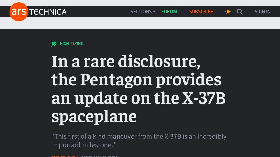 Screenshot of arstechnica.com: In a rare disclosure, The Pentagon provides an update on the X-37B spaceplane
