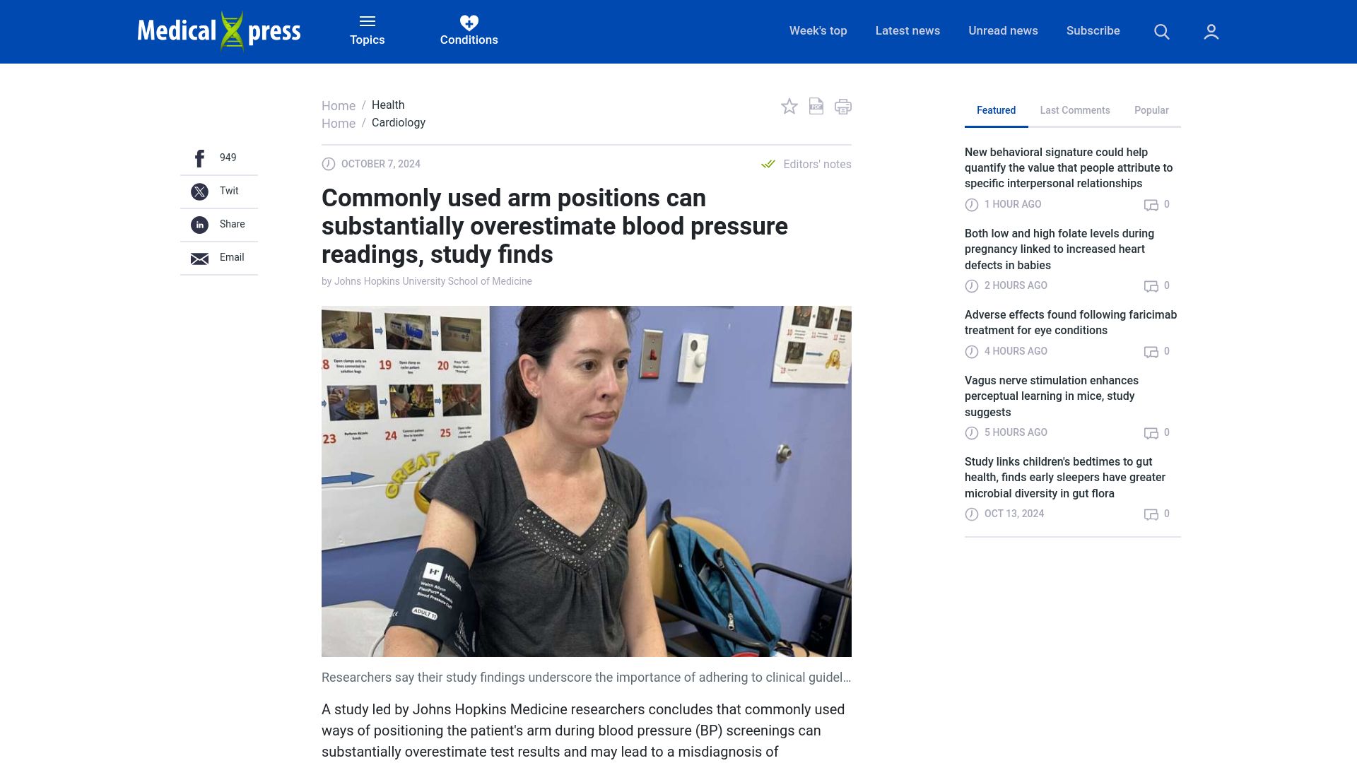 Screenshot of medicalxpress.com: Commonly used arm positions can overestimate blood pressure readings: study