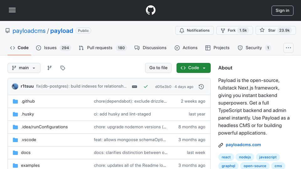 Screenshot of github.com: PayloadCMS: Open-Source, Fullstack Next.js Framework