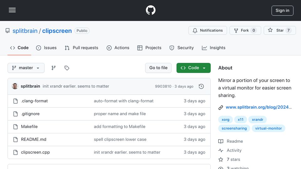 Screenshot of github.com: Show HN: X11 tool to share a screen area in any video meeting