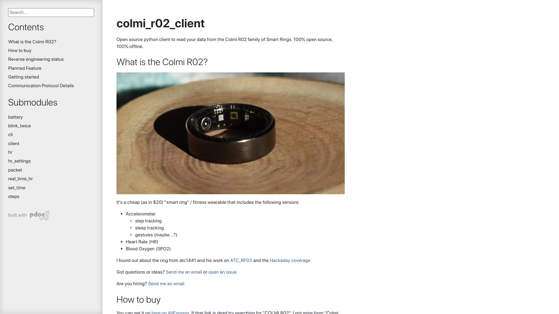 Screenshot of tahnok.github.io: Python client for the $20 Colmi R02 smart ring