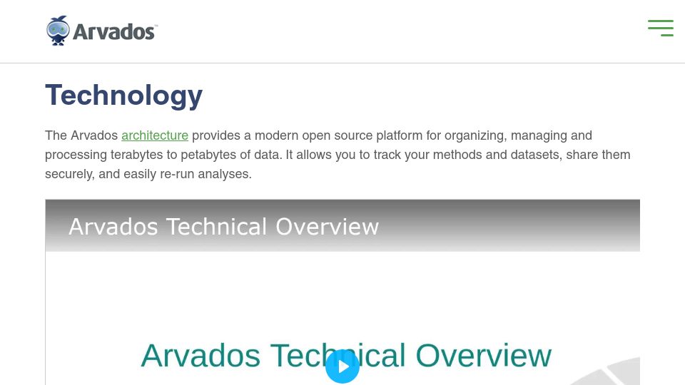 Screenshot of arvados.org: A FLOSS platform for data analysis pipelines that you probably haven't heard of