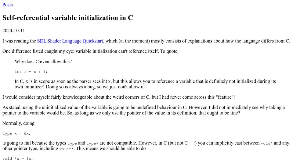 Screenshot of microblog.ahti.space: Self-referential variable initialization in C