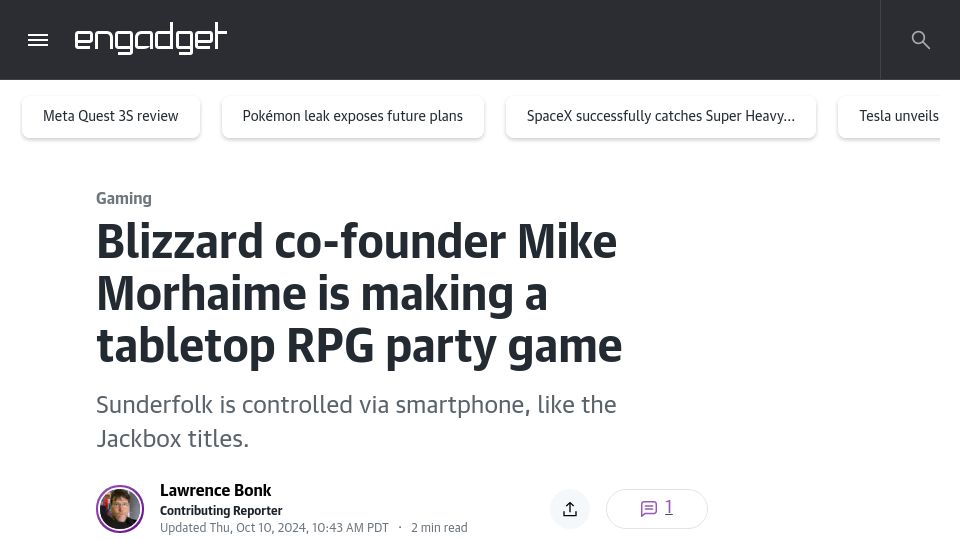 Screenshot of engadget.com: Blizzard co-founder Mike Morhaime is making a tabletop RPG party game