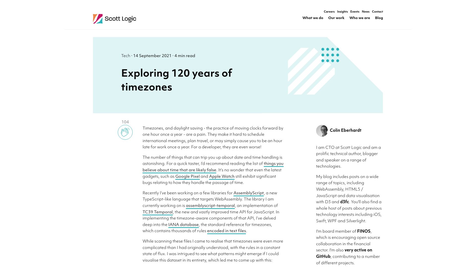 Screenshot of blog.scottlogic.com: Exploring 120 years of timezones (2021)