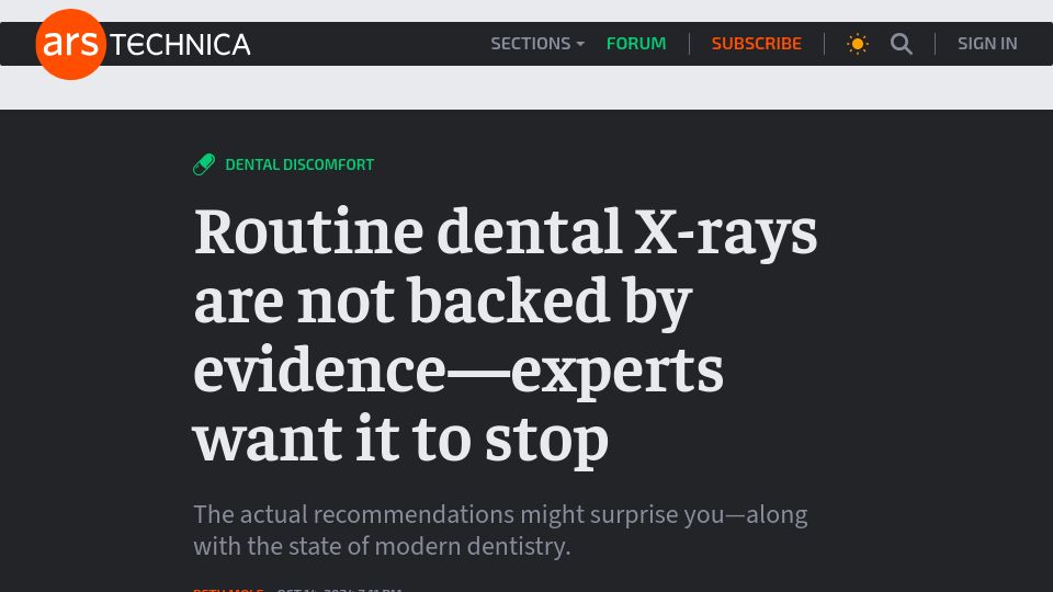 Screenshot of arstechnica.com: Routine dental X-rays are not backed by evidence