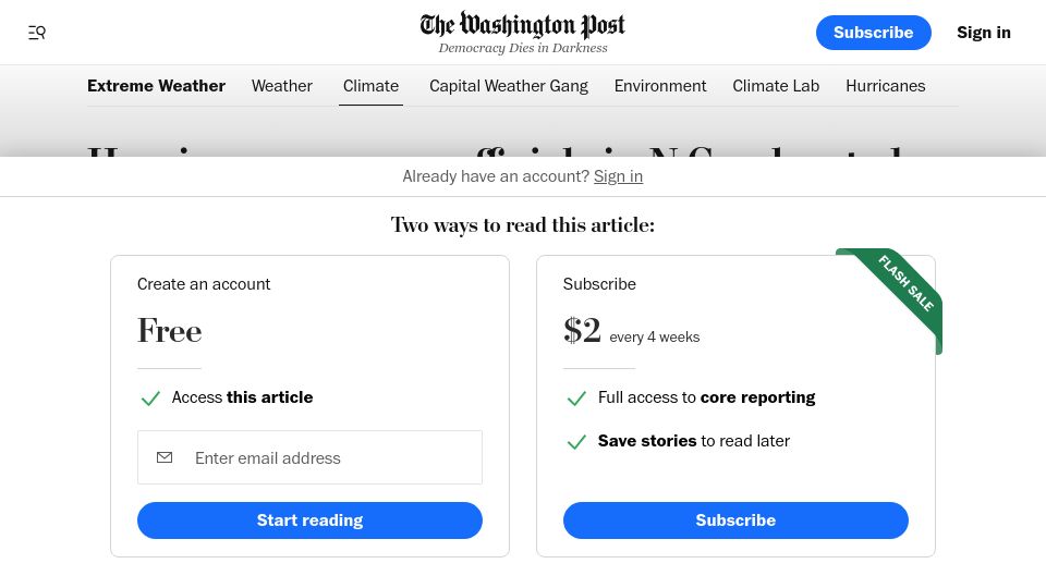 Screenshot of washingtonpost.com: Report of 'armed militia' prompts relocation of NC hurricane recovery officials