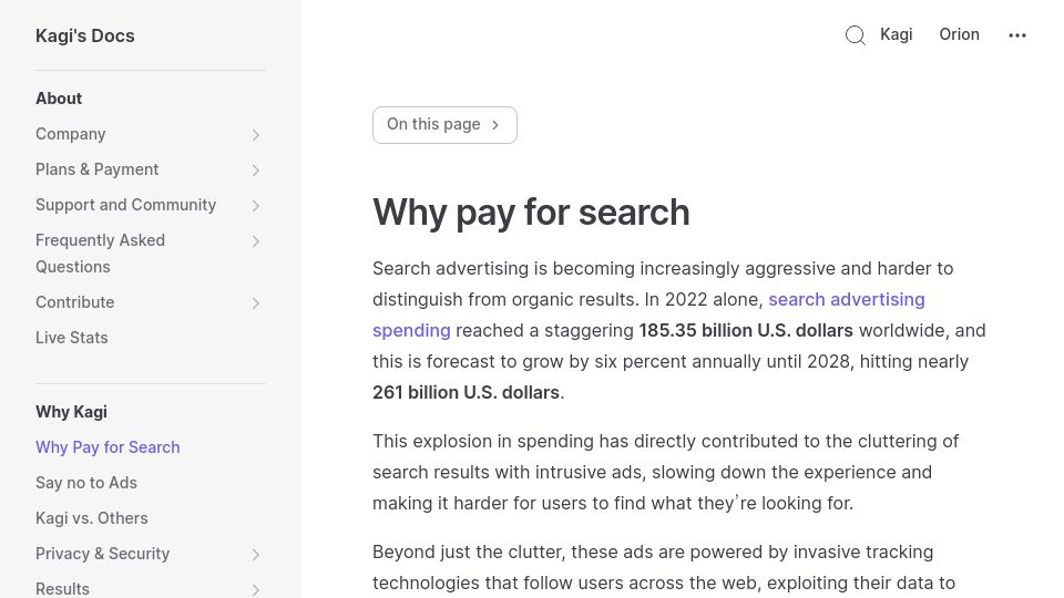 Screenshot of help.kagi.com: Why pay for a search engine