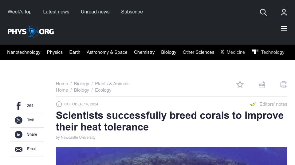 Screenshot of phys.org: Scientists successfully breed corals to improve their heat tolerance