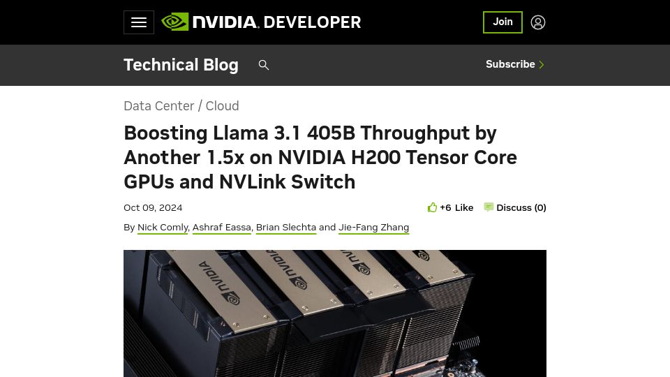 Screenshot of developer.nvidia.com: Llama 405B 506 tokens/second on an H200