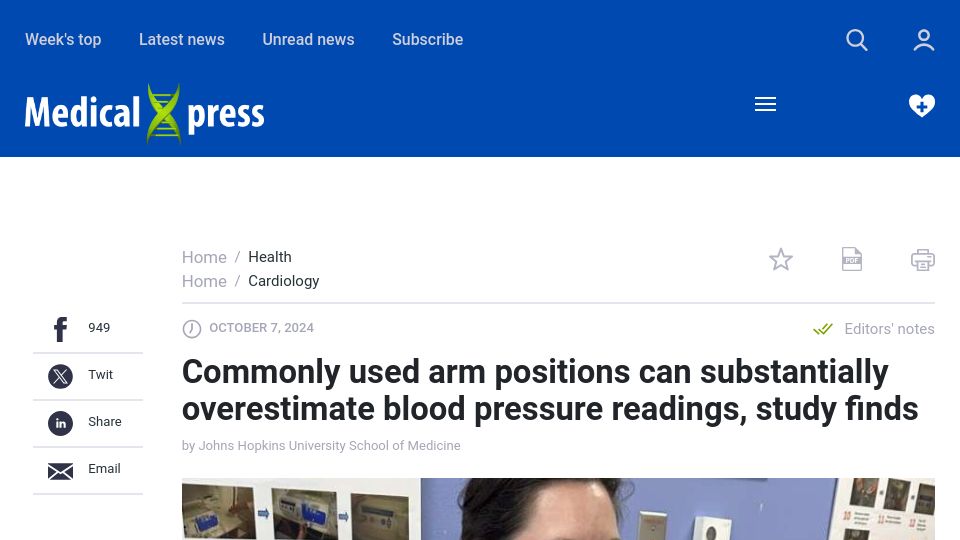 Screenshot of medicalxpress.com: Commonly used arm positions can overestimate blood pressure readings: study