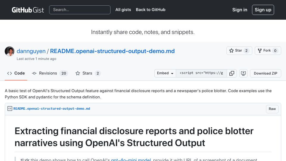 Screenshot of gist.github.com: Extracting financial disclosure and police reports with OpenAI Structured Output
