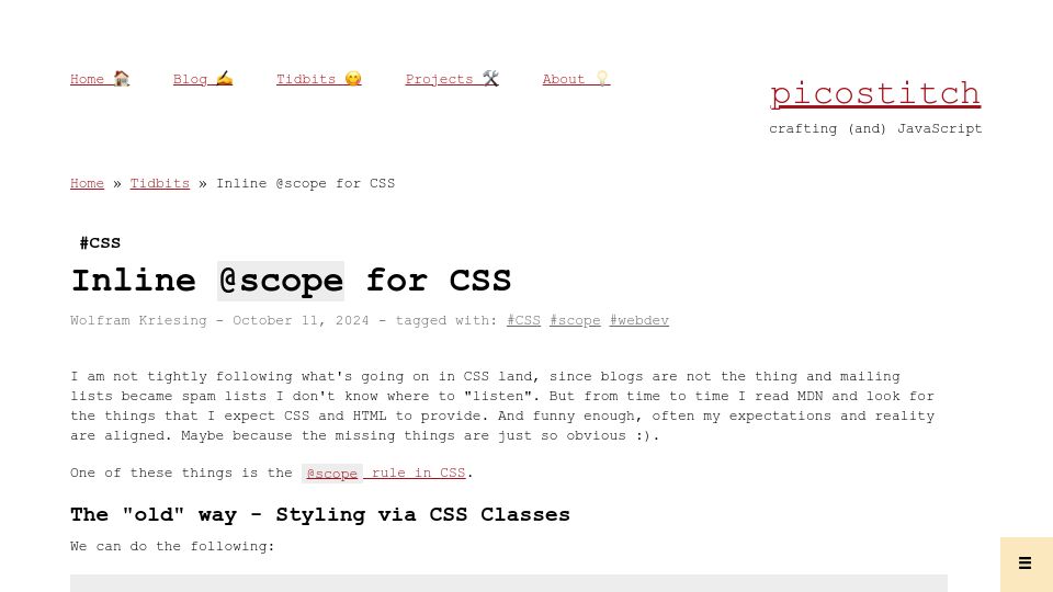 Screenshot of picostitch.com: Inline Scope for CSS