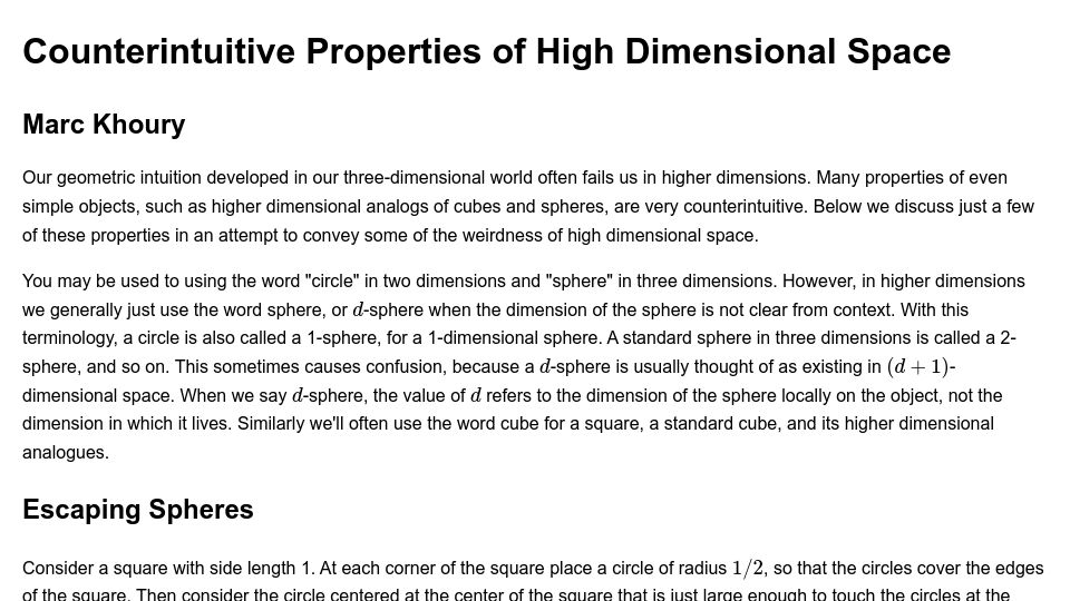Screenshot of people.eecs.berkeley.edu: Counterintuitive Properties of High Dimensional Space (2018)