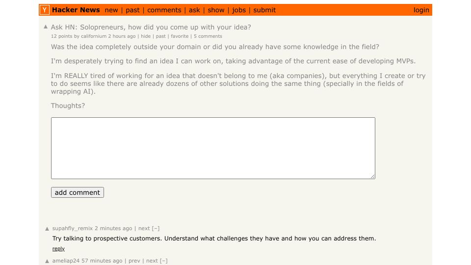 Screenshot of Hacker News post: Ask HN: Solopreneurs, how did you come up with your idea?