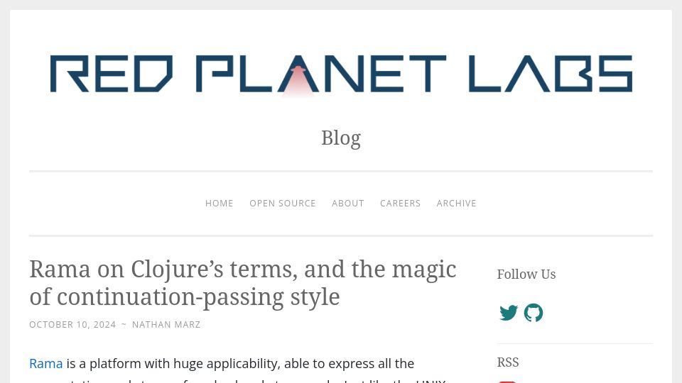 Screenshot of blog.redplanetlabs.com: Rama on Clojure's terms, and the magic of continuation-passing style