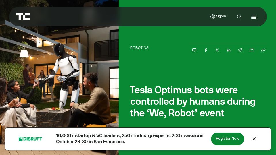 Screenshot of techcrunch.com: Tesla Optimus bots were controlled by humans during the 'We, Robot' event