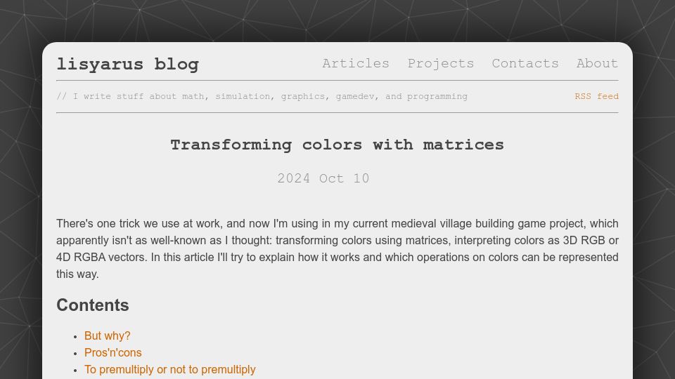 Screenshot of lisyarus.github.io: Transforming Colors with Matrices