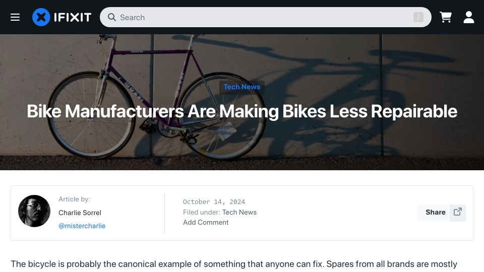 Screenshot of ifixit.com: Bike Manufacturers Are Making Bikes Less Repairable