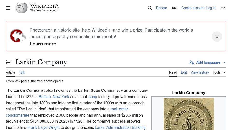 Screenshot of en.wikipedia.org: The Larkin Soap Company