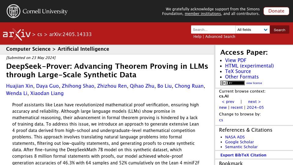 Screenshot of arxiv.org: DeepSeek: Advancing theorem proving in LLMs through large-scale synthetic data