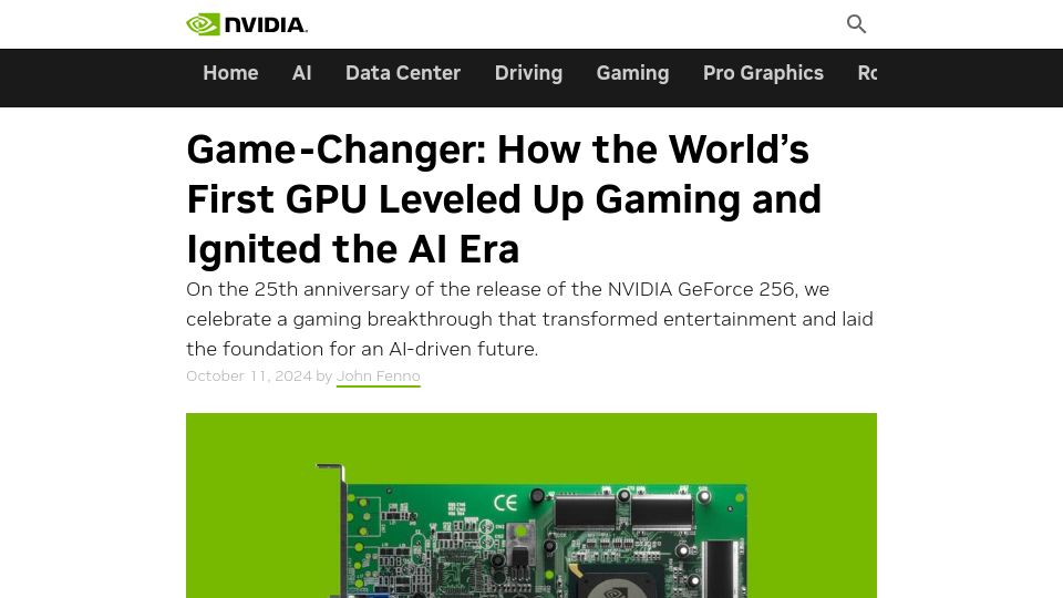 Screenshot of blogs.nvidia.com: How the First GPU Leveled Up Gaming and Ignited the AI Era