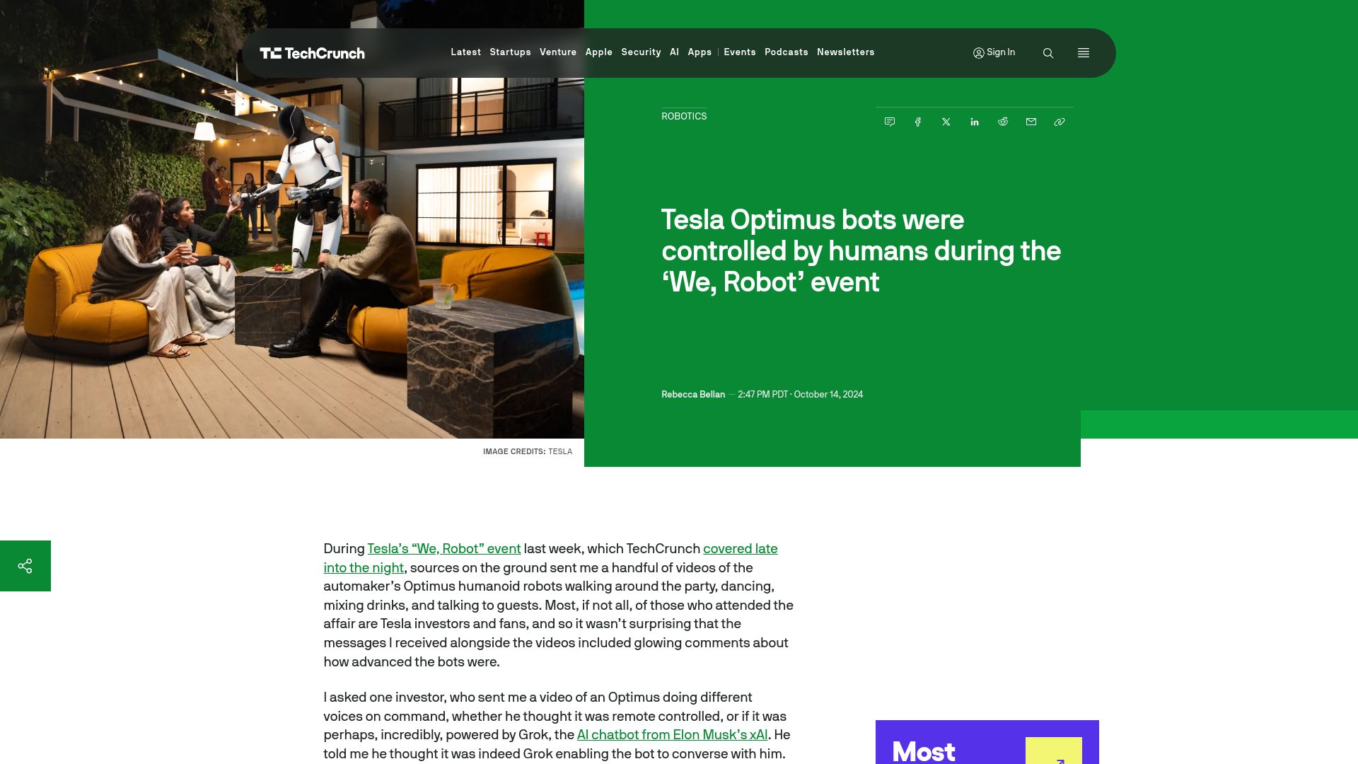 Screenshot of techcrunch.com: Tesla Optimus bots were controlled by humans during the 'We, Robot' event
